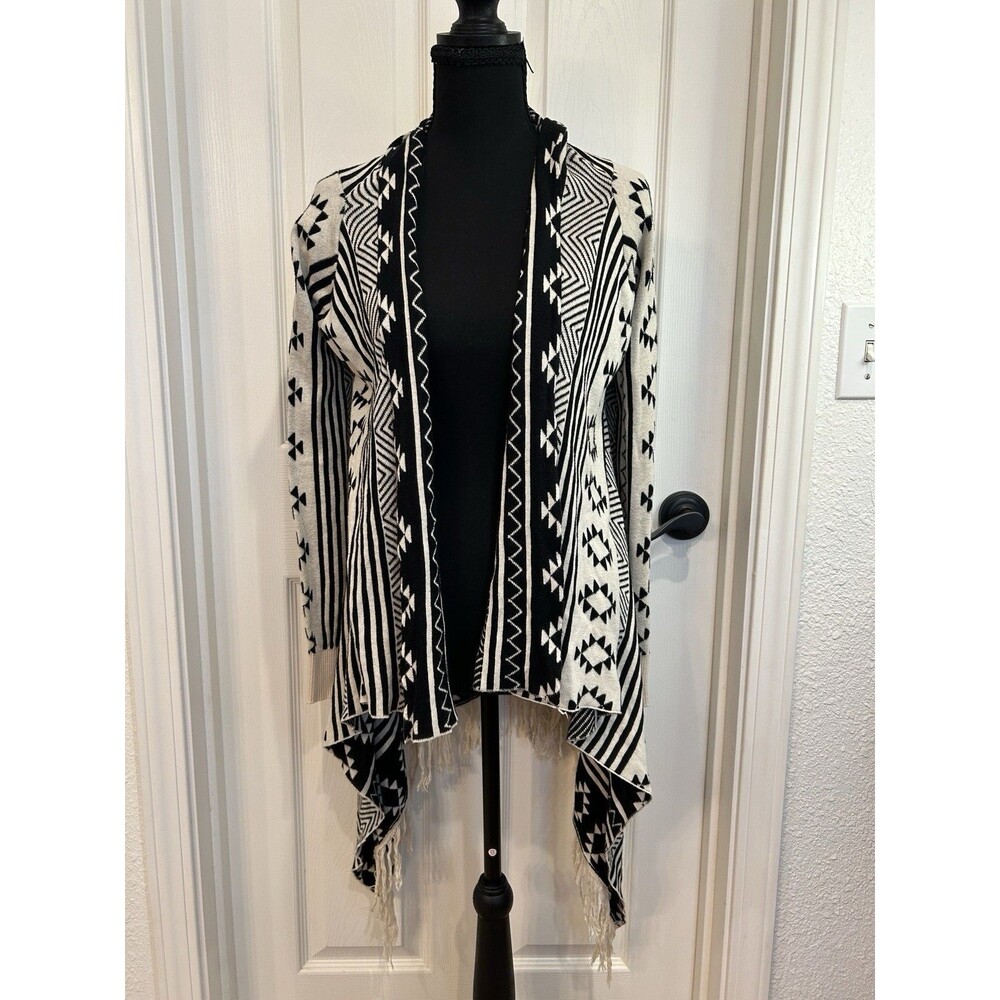 Full Tilt Tribal Draped Open Front Black and White Tribal Cardigan Fringe Size M